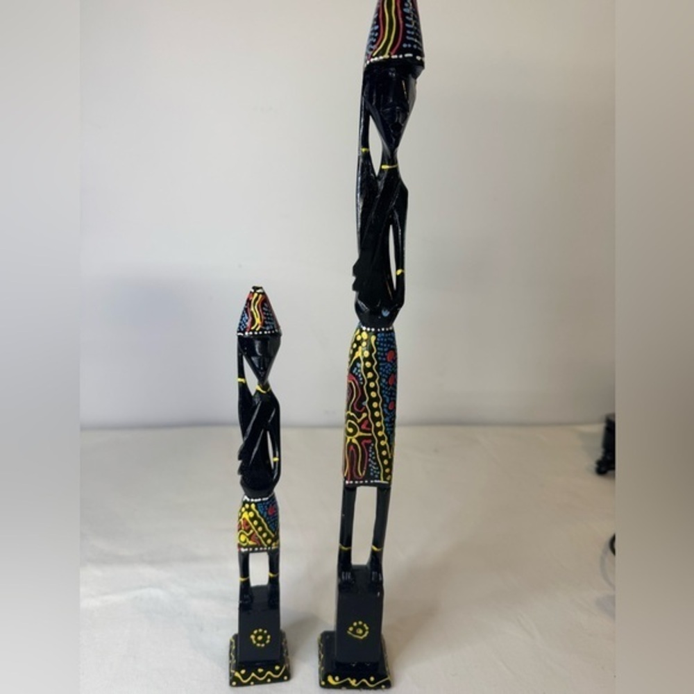 African Style Hand Craved  Wooden Figurines Man Woman Silver Tone Rings 12" Tall